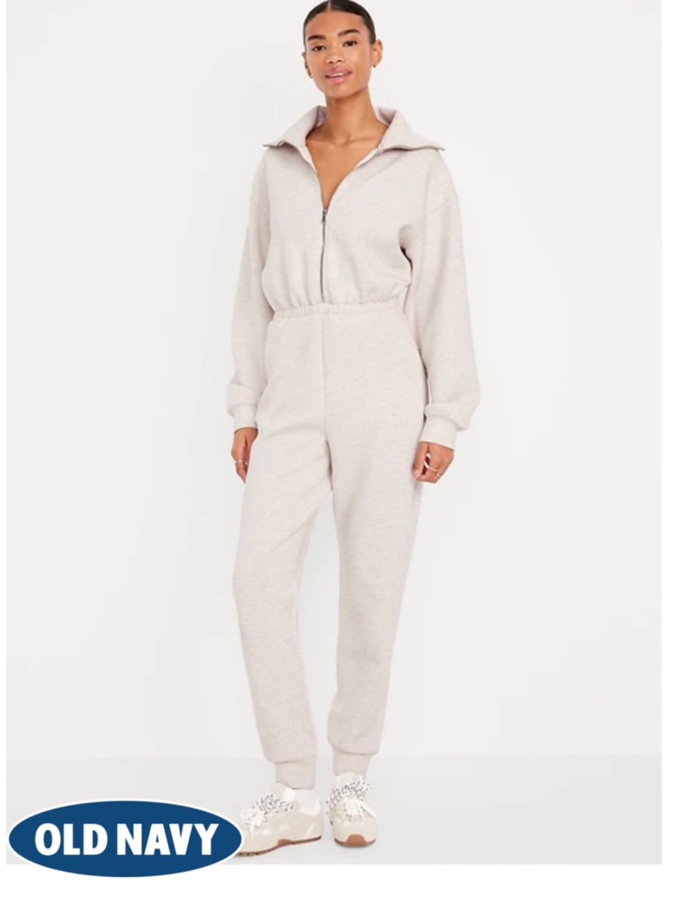 Old Navy Light Cream Zip-Front Fleece Jumpsuit